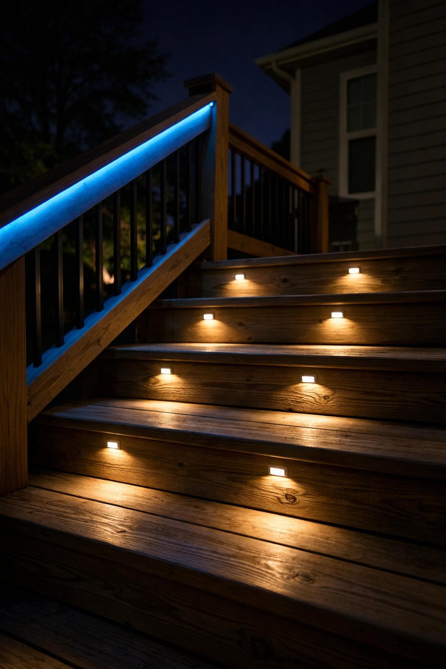 Are Deck Lights Worth It? What 200+ Lexington Homeowners Taught Us Close-up of recessed LED step lights on wooden deck stairs providing safe illumination