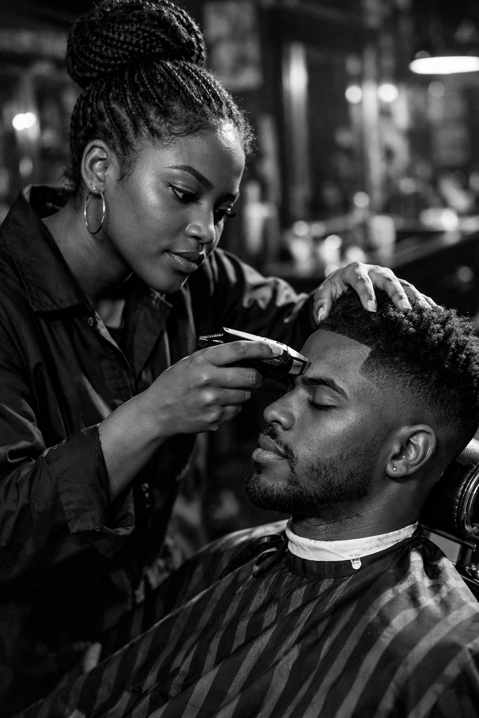 Female barber student performing edge-up on client in training environment