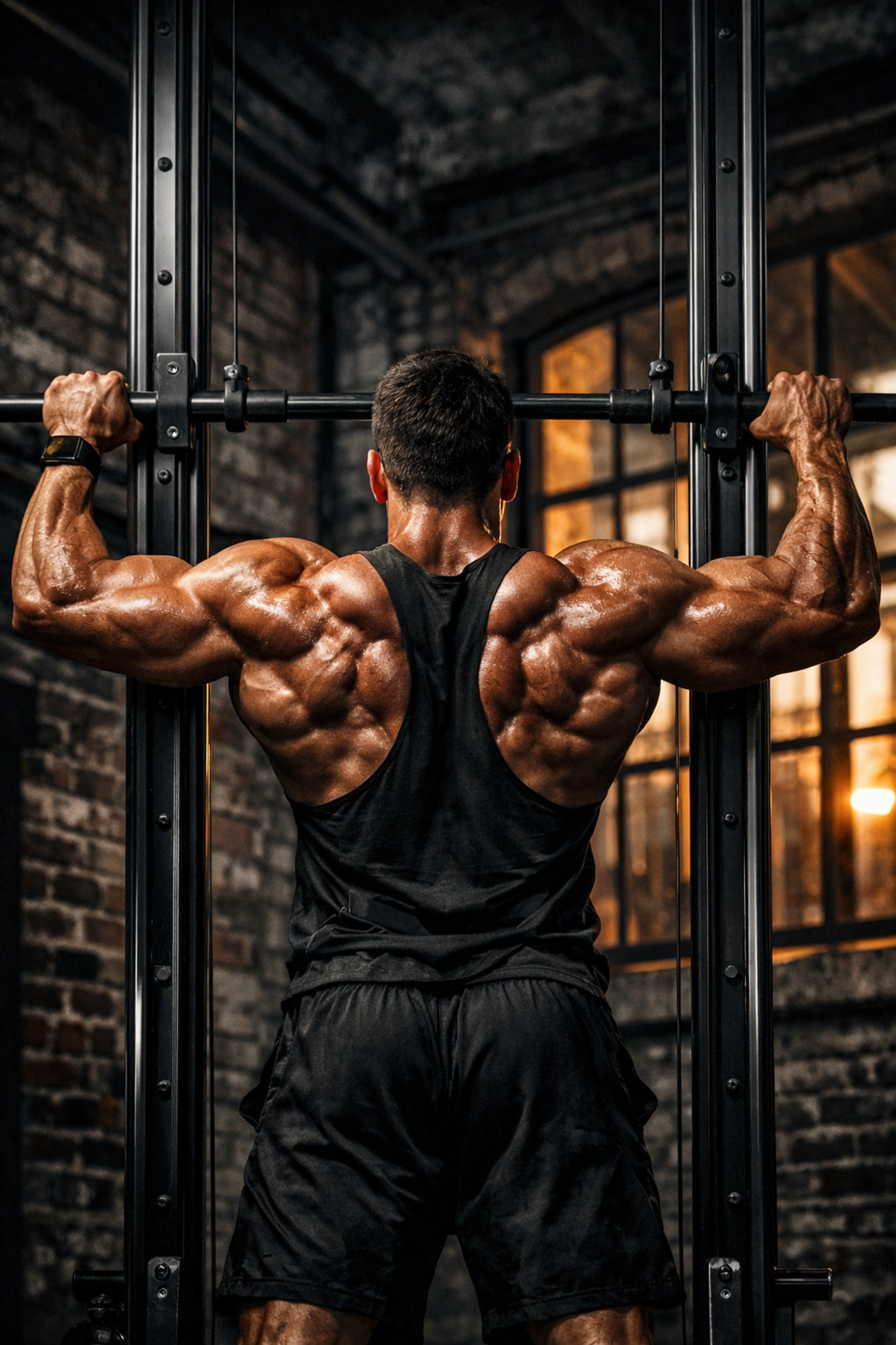 Calisthenics practitioner using a floor to ceiling gym rail for wide-grip rows and back strength.