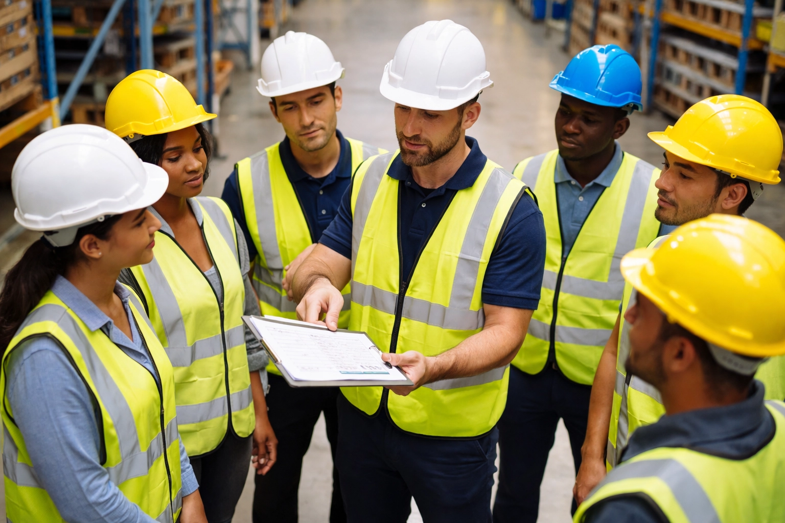 Warehouse workers in safety vests review a workplace safety checklist, demonstrating team safety culture.