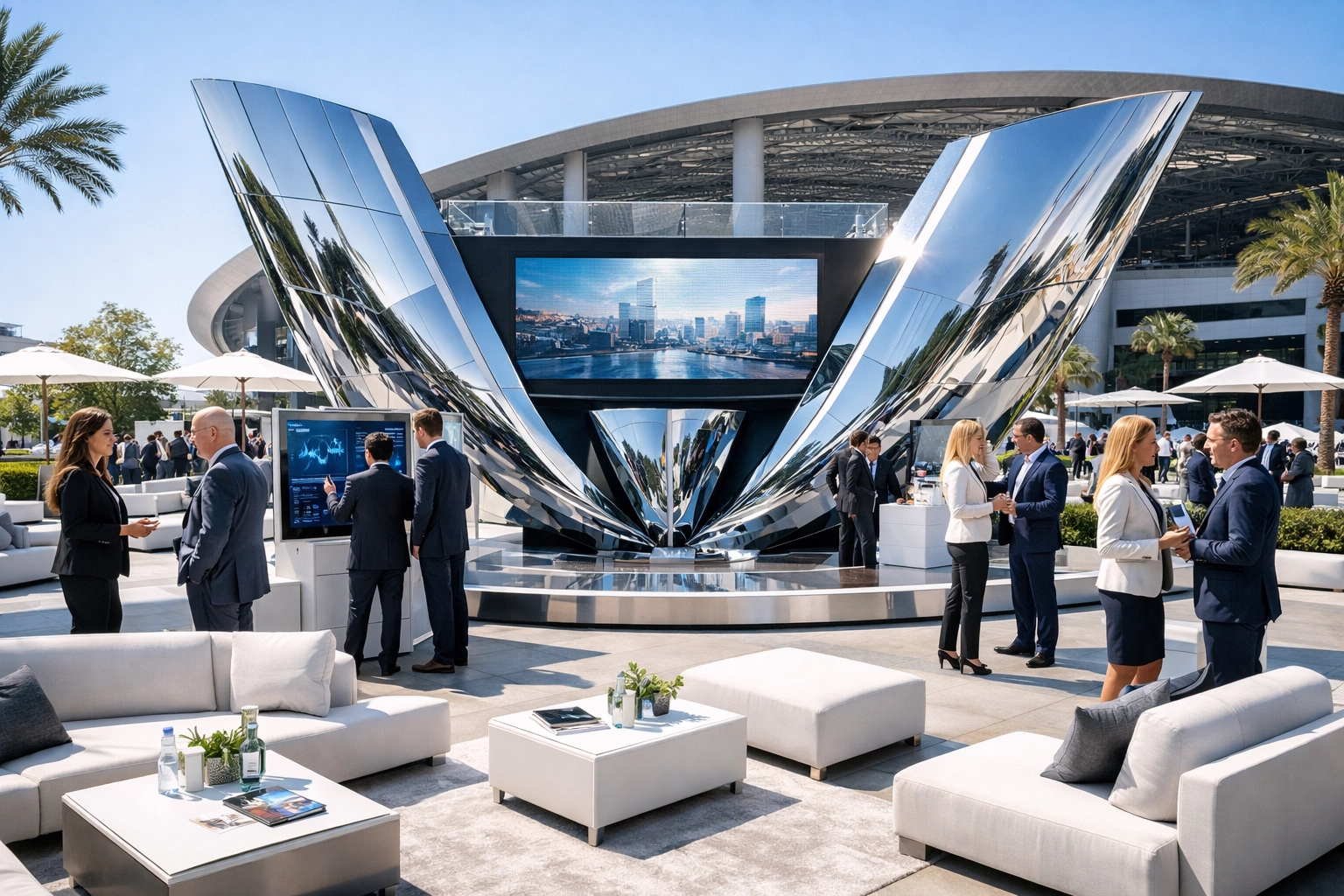 Super Bowl Branding Blitz: 20 Creative Ideas to Get You Started Modern architectural brand installation and corporate activation area at a professional sports stadium.