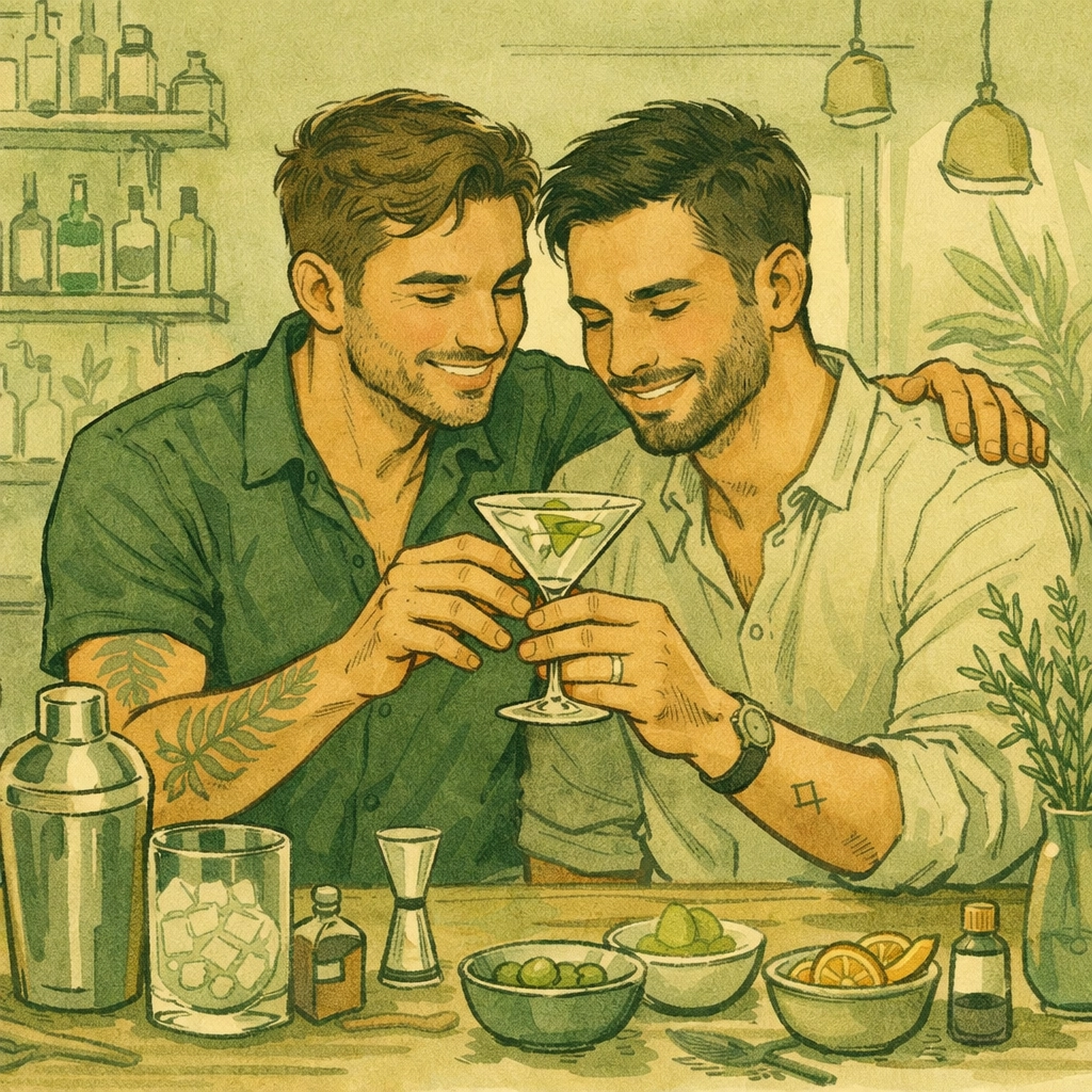 Gay couple at modern craft cocktail bar sharing martini knowledge and connection in 2026
