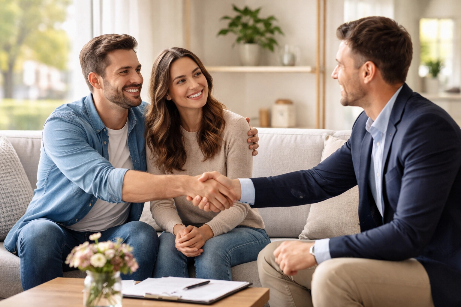 Real estate agent and happy clients shaking hands in bright South Jersey home after successful strategy session