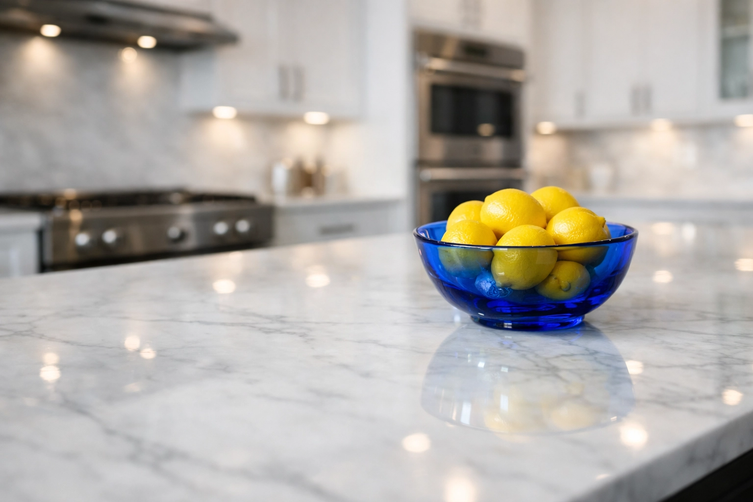 Professional deep cleaning of a luxury kitchen with spotless marble countertops for a new home listing.
