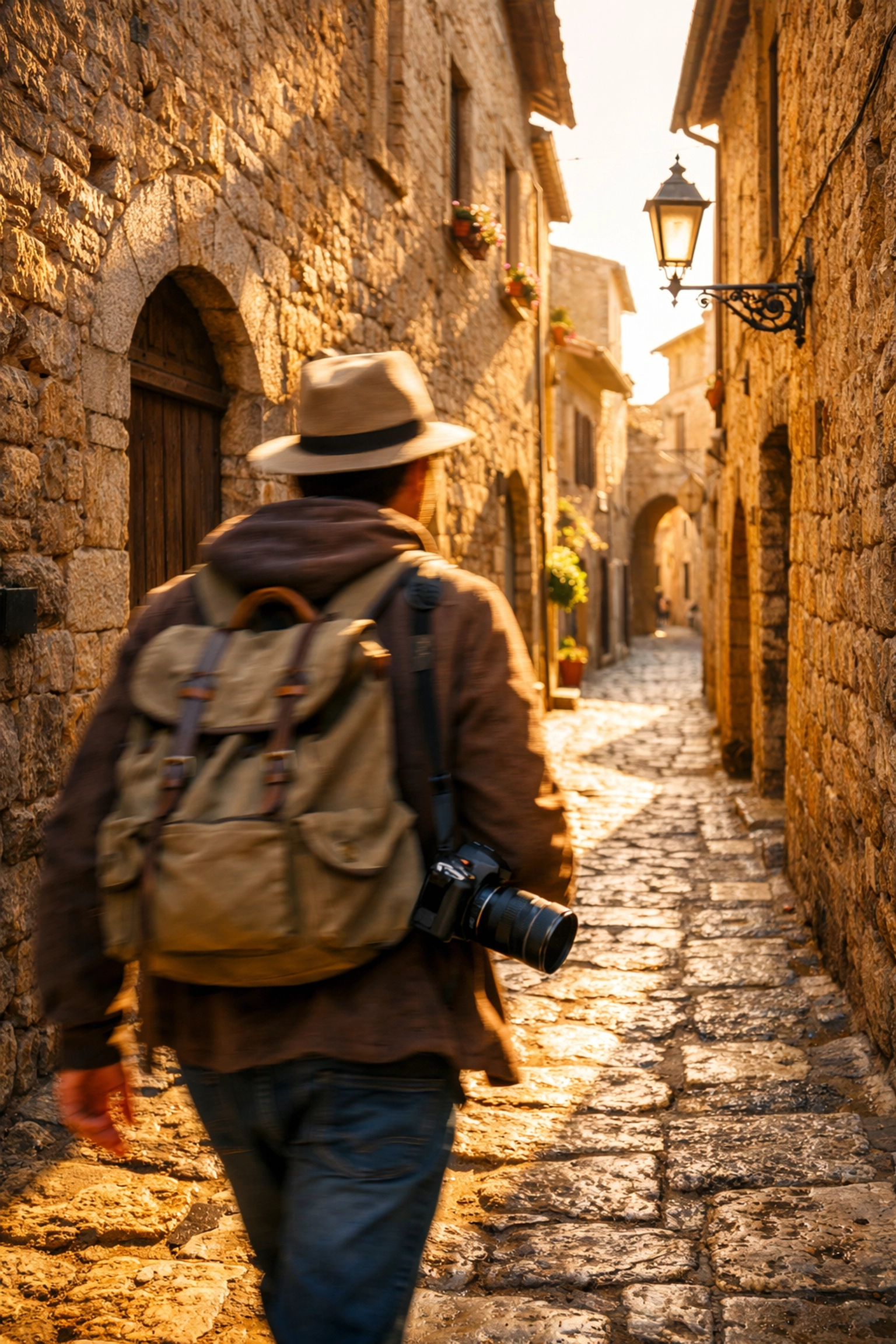 A travel photographer walking through a historic town searching for the best photo spots near me.