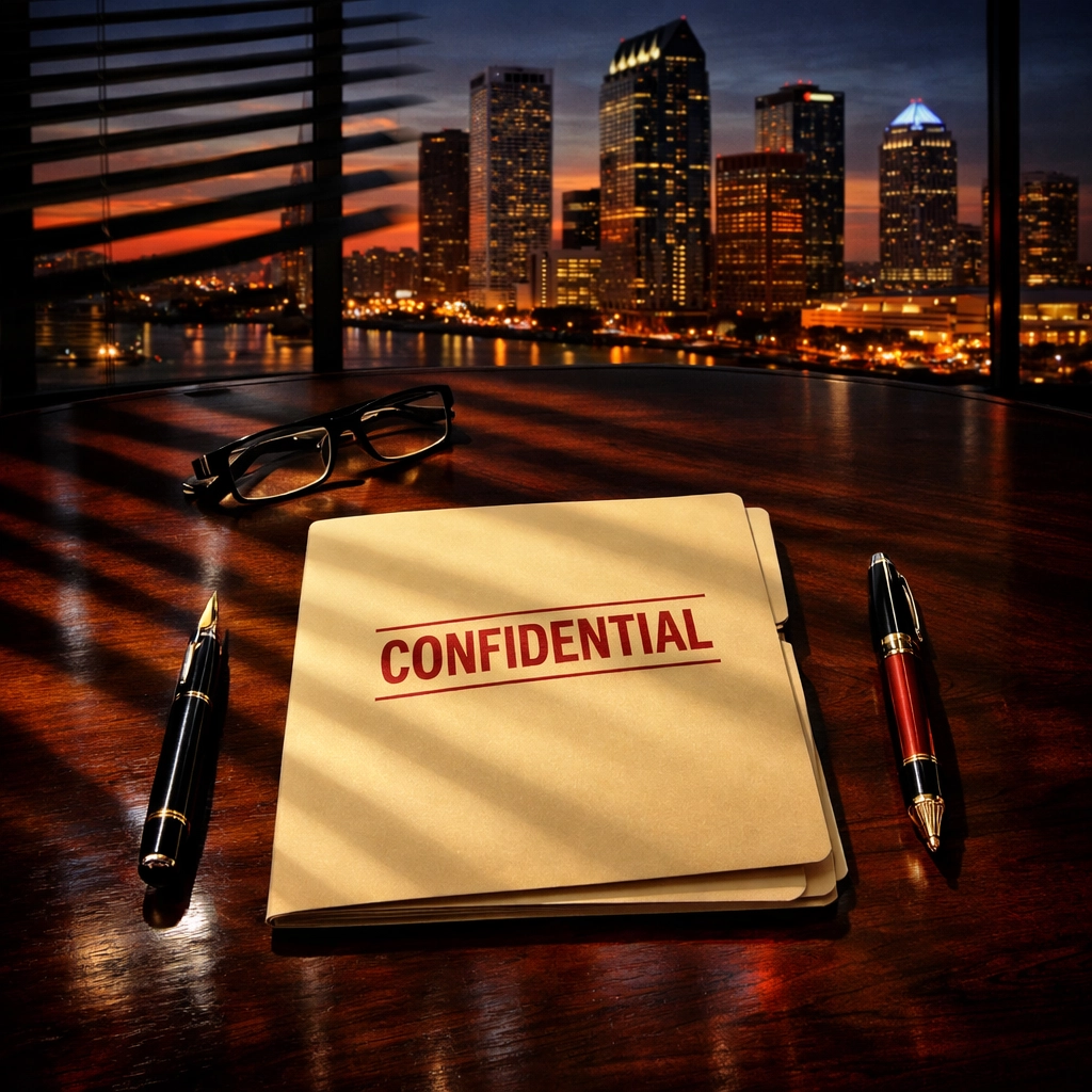 Confidential business sale documents on desk with Tampa Bay skyline representing discreet transactions