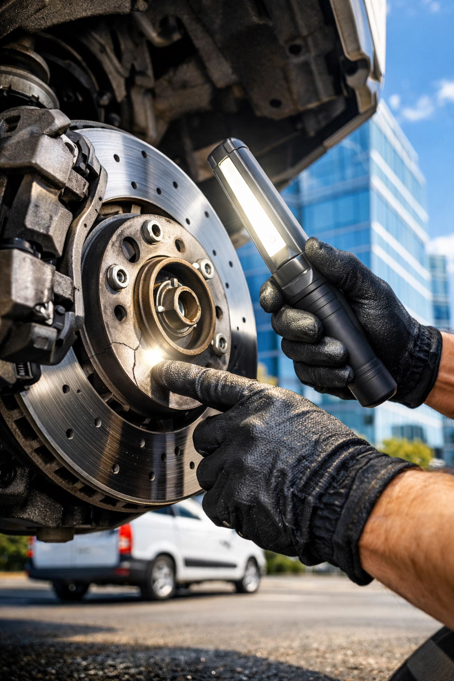 Mobile auto service technician performing a brake inspection at a Green Bay office to prevent vehicle breakdowns.