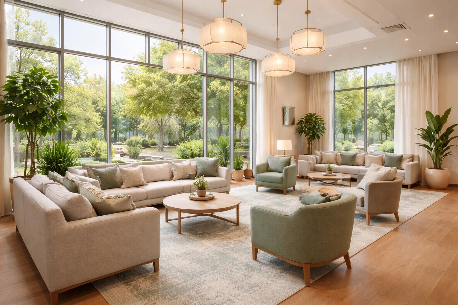 Bright, inviting treatment center common area with garden views, neutral colors, and comfortable seating promoting healing