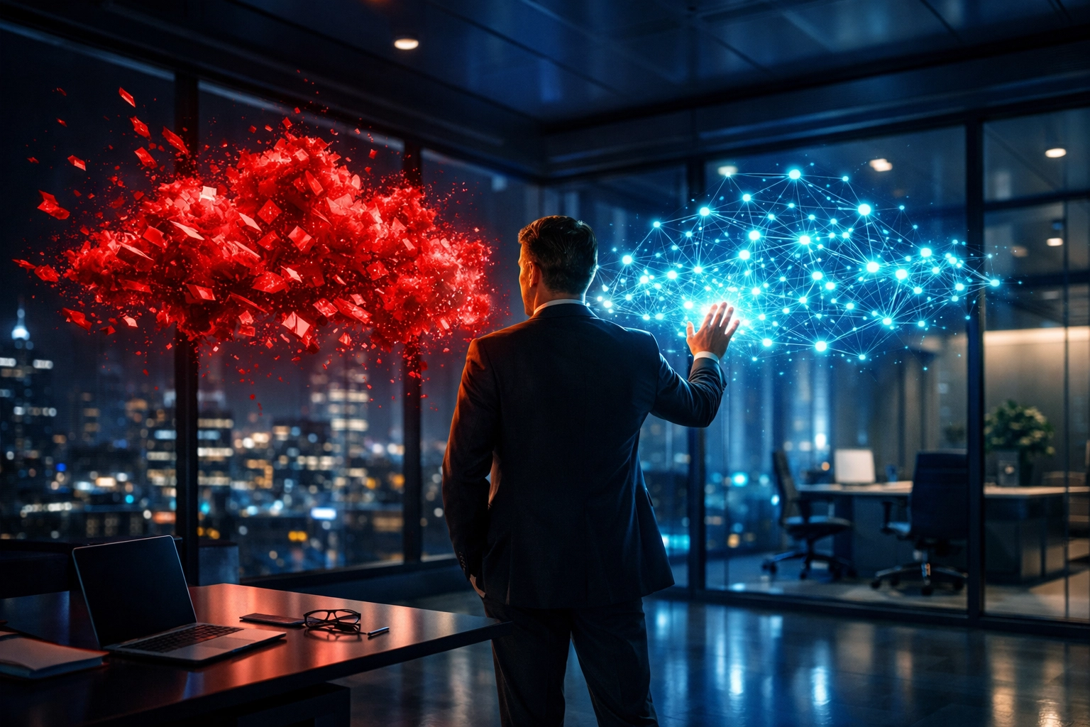 Führungskraft wandelt Angst vor Veränderung in digitale Struktur für Leadership in der KI-Ära.