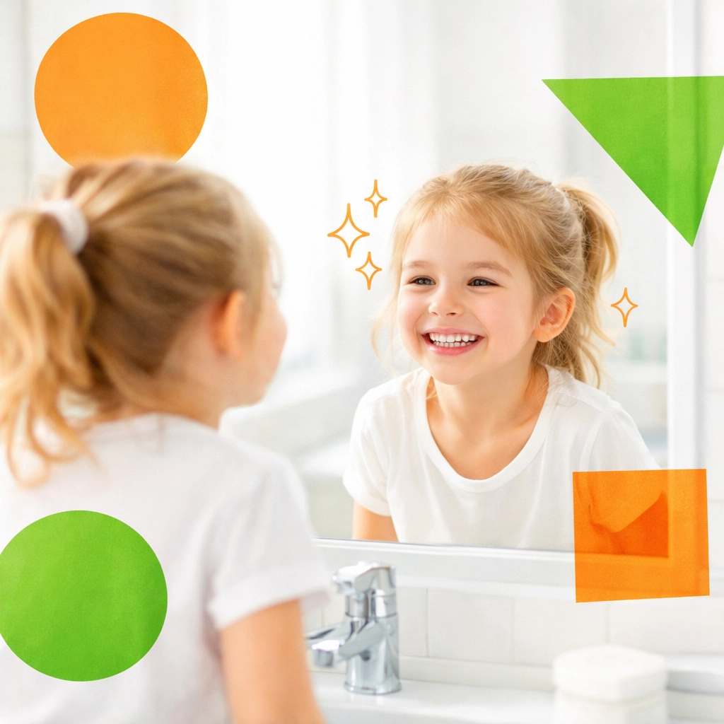 A joyful child practicing self-awareness affirmations in a bathroom mirror during her morning routine.