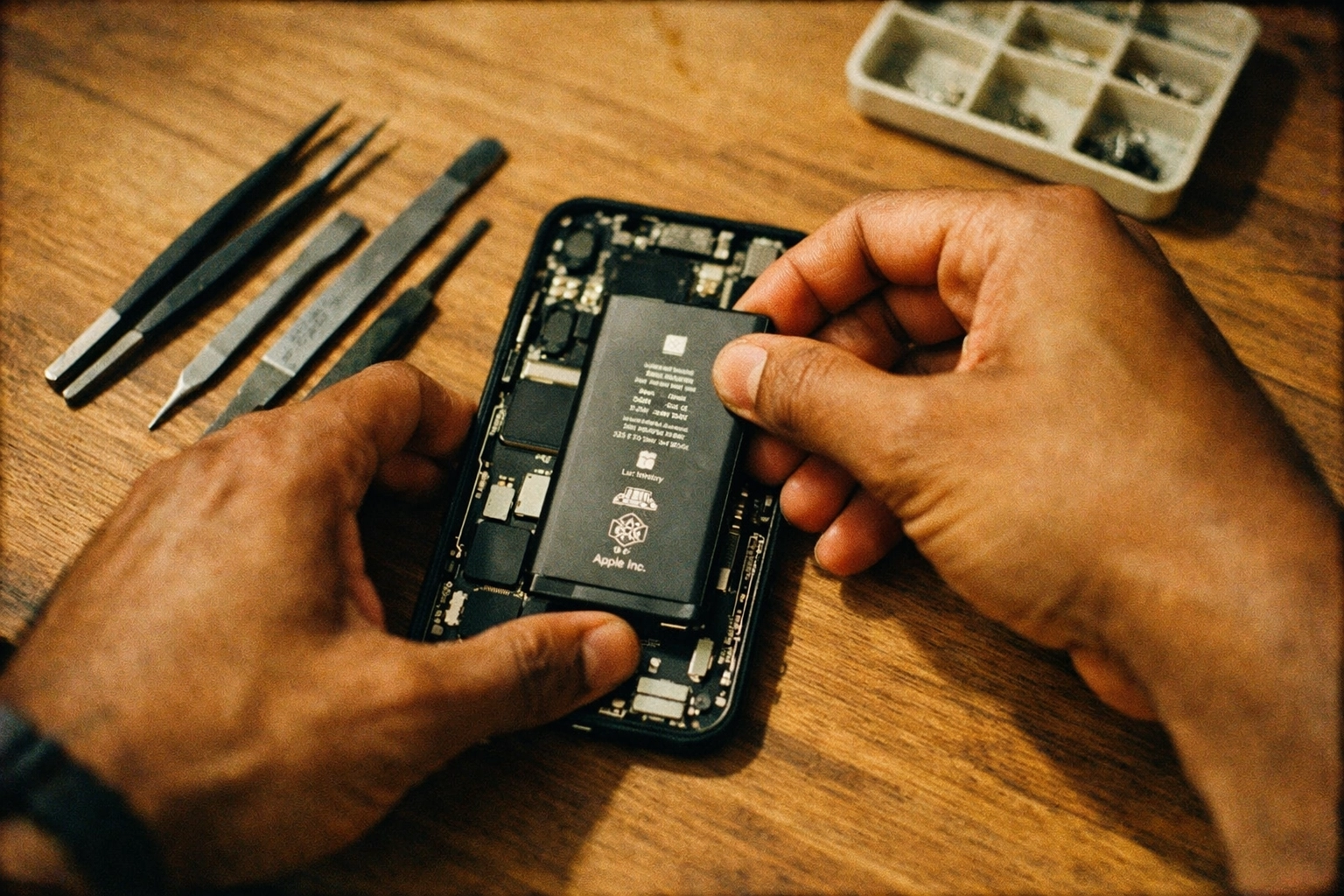 Technician performing iPhone 11 battery replacement with precision tools during mobile repair service