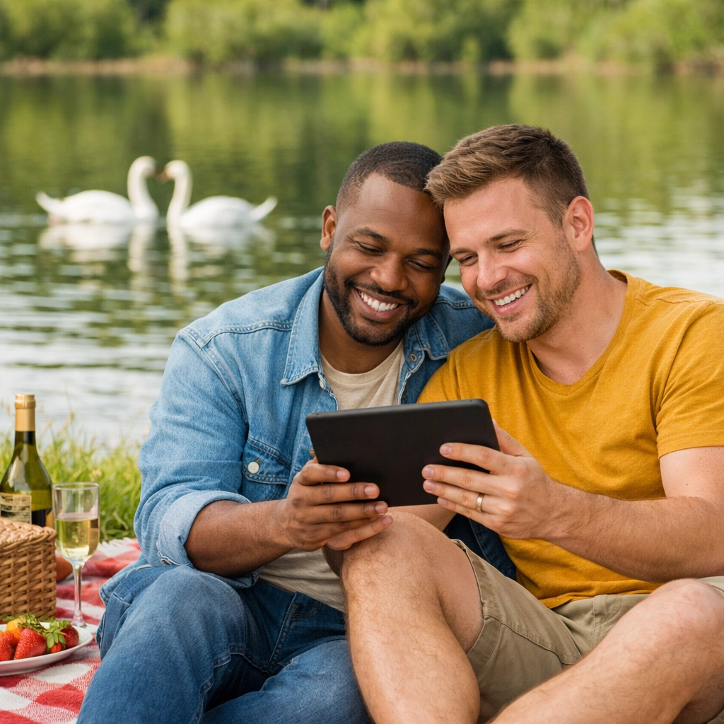 A happy gay couple reading an MM romance novel outdoors, connecting natural love stories with queer fiction.