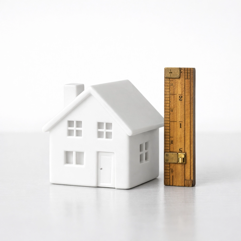 A model house and measuring scale illustrating a homeowners insurance coverage gap.