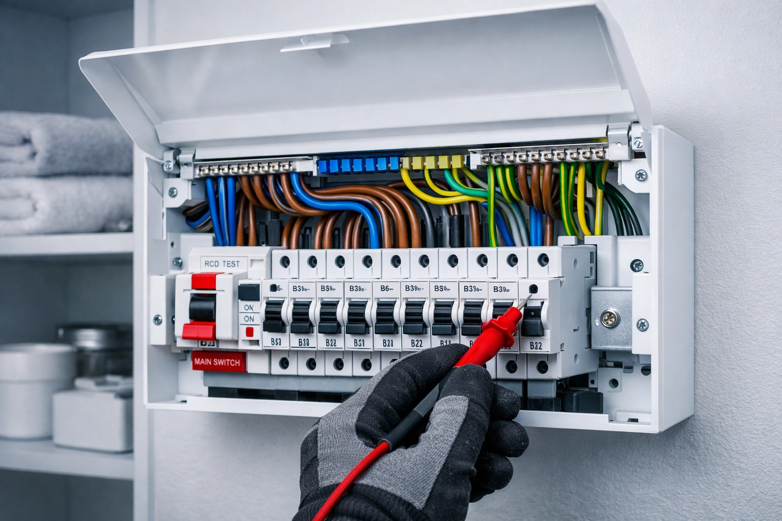 A qualified electrician testing a modern UK consumer unit to ensure smart home electrical safety.
