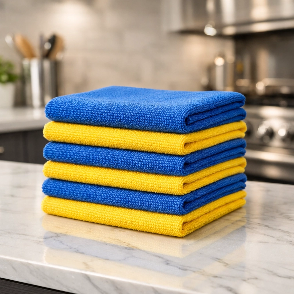 Organized microfiber cloths for eco-friendly house cleaning in Lowell MA on a kitchen counter.
