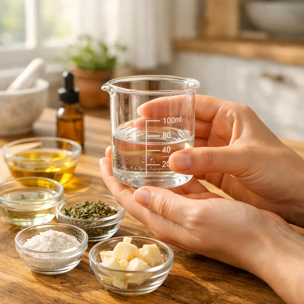 Hands formulating personal care products with natural ingredients in home kitchen setting
