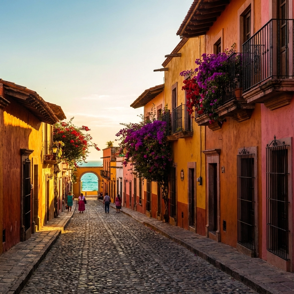 Charming cobblestone street in Zona Romántica, Puerto Vallarta, lined with vibrant flowers and ocean view.