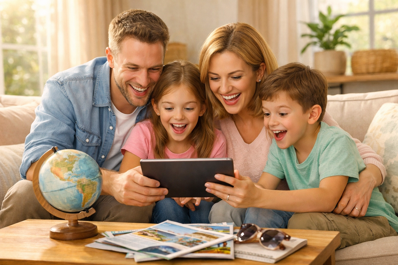 Happy family planning vacation using tax refund rewards on tablet together
