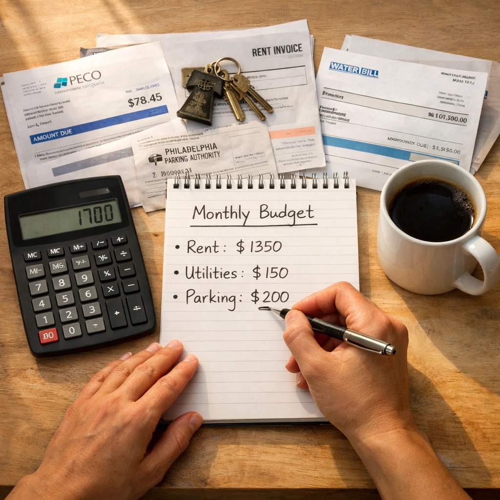 Calculating monthly rent budget with bills and calculator for Philadelphia apartment costs