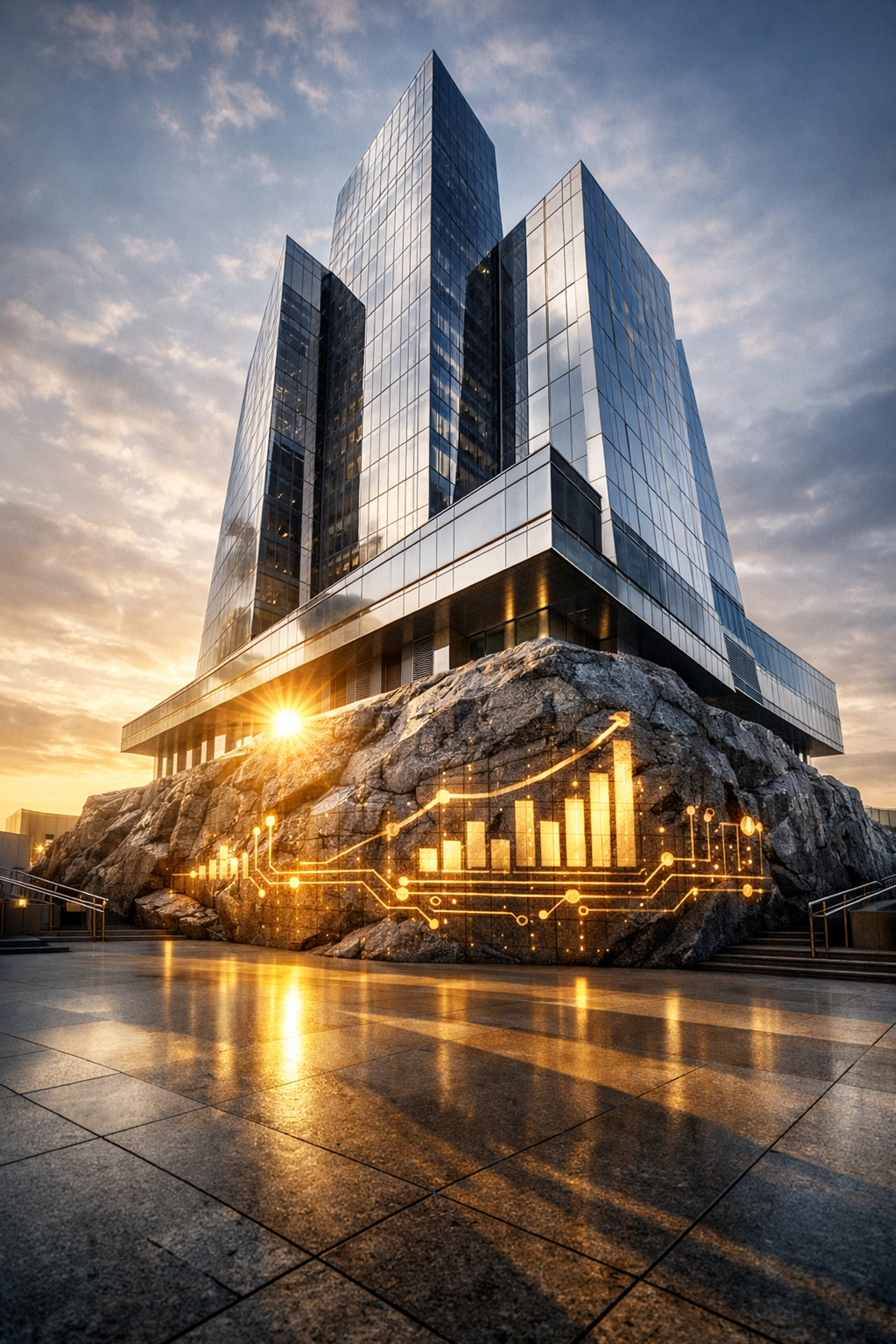 Modern building on a digital foundation representing market validation for seed funding success.