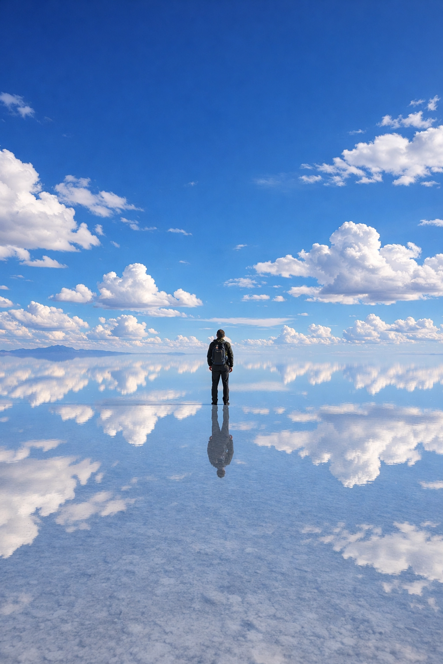 A traveler on the mirror-like Salar de Uyuni in Bolivia, a top global photo spot for landscapes.
