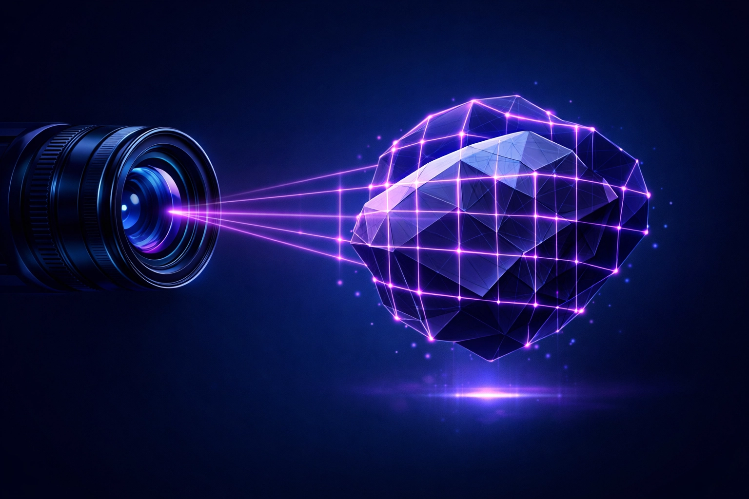 Camera lens scanning an object, symbolizing AI writing meta titles, descriptions, and alt text