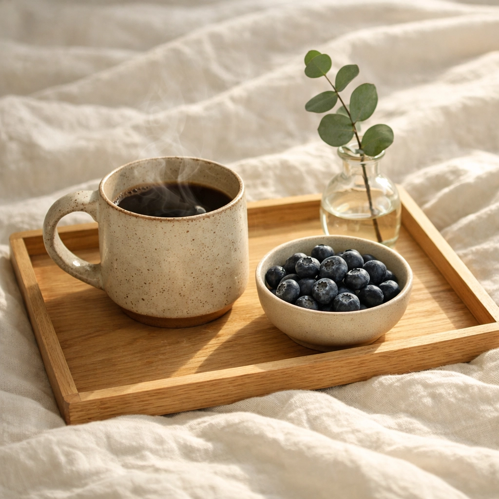 Personalized hotel room service tray with coffee and fruit, reflecting AI-driven guest preferences.