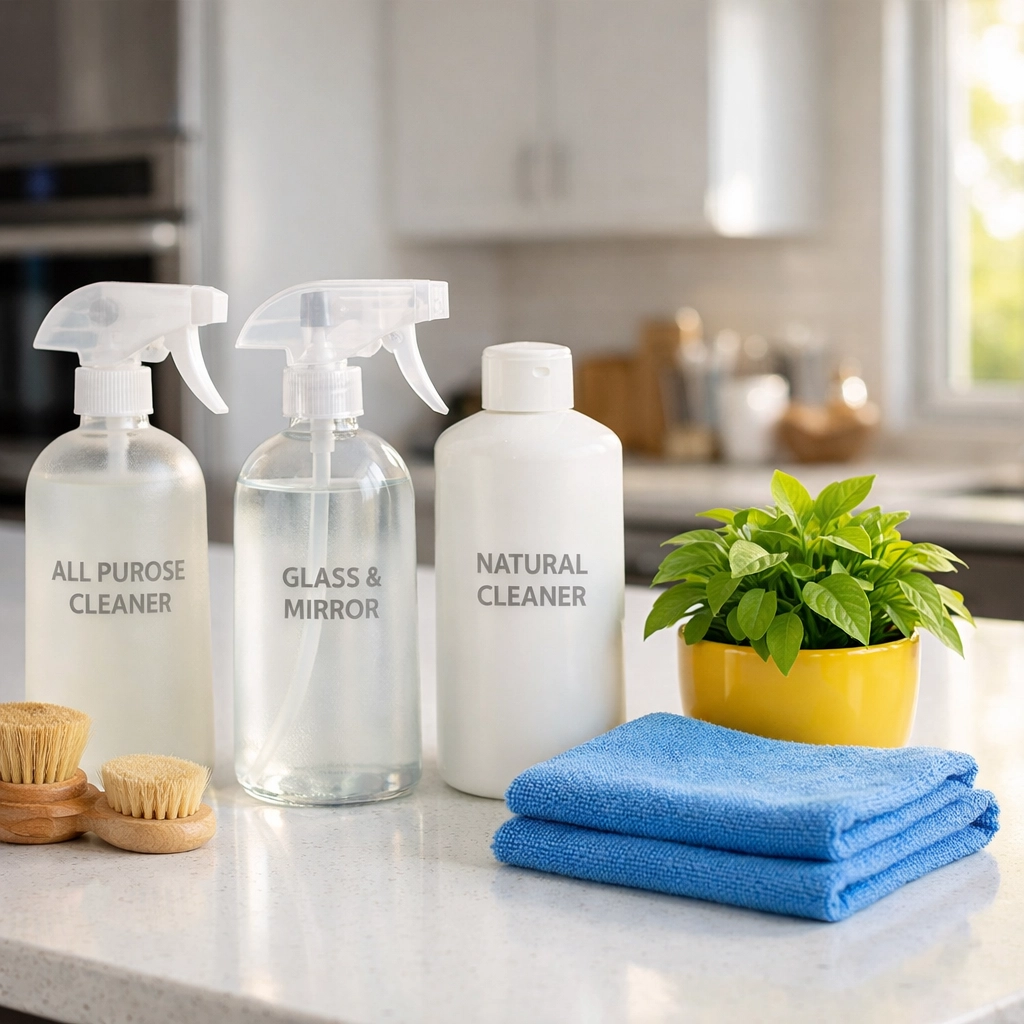 Eco-friendly and non-toxic cleaning supplies used by professional house cleaning services MA on a kitchen island.