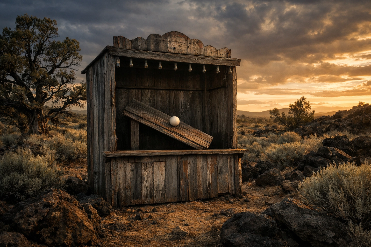 A rustic carnival game booth in a high desert symbolizing the rigged game of modern economics and debt.