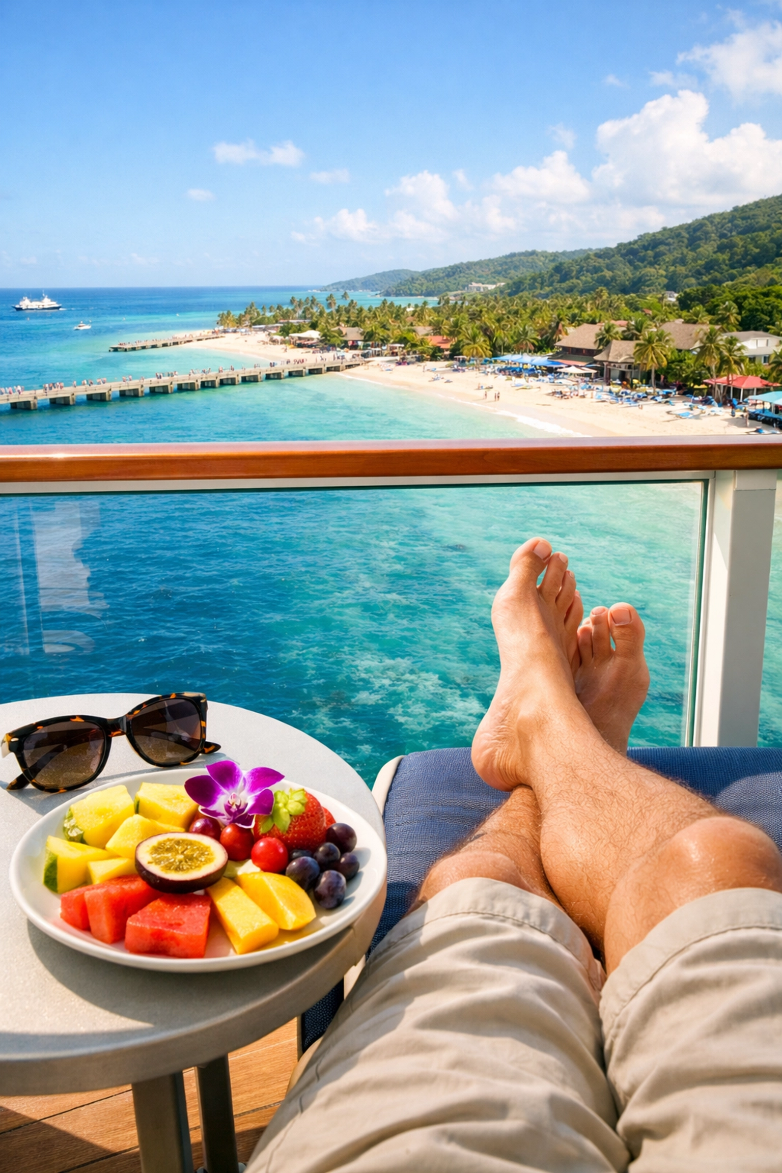 Relaxing view of a tropical port from a private cruise ship balcony during a group vacation.