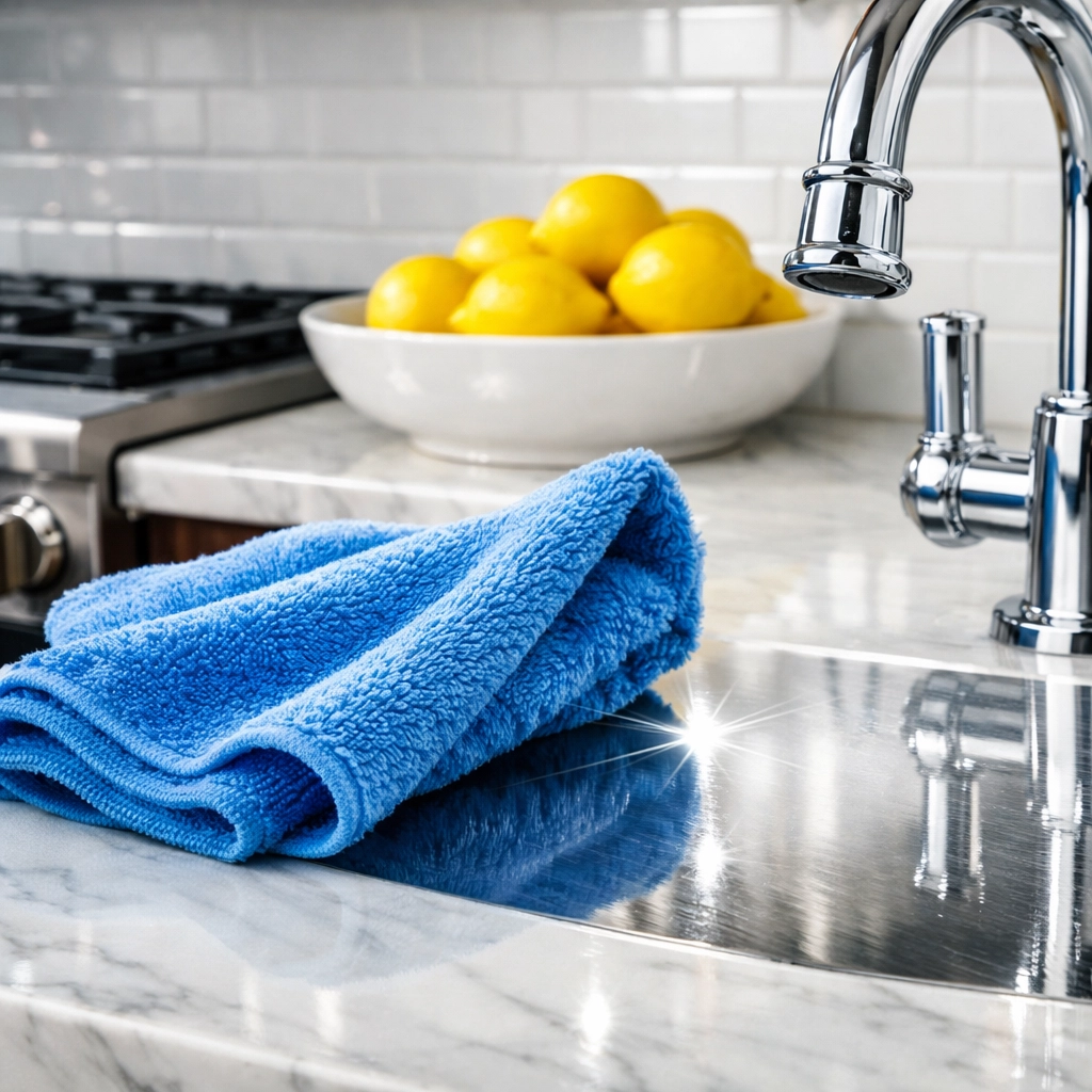 Detailed kitchen deep cleaning featuring a microfiber cloth wiping a luxury marble countertop in Southborough.