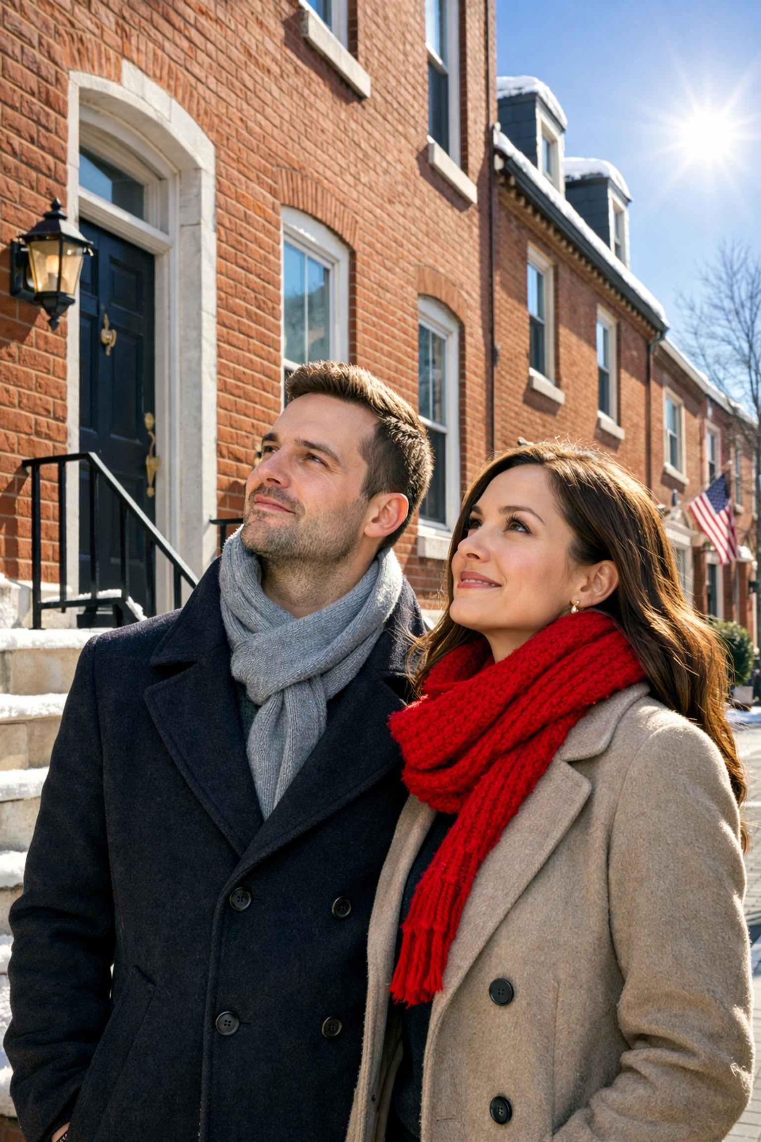 Motivated buyers viewing a classic red-brick Philadelphia rowhouse in the Fairmount neighborhood during winter. Motivated buyers viewing a classic red-brick Philadelphia rowhouse in the Fairmount neighborhood during winter.