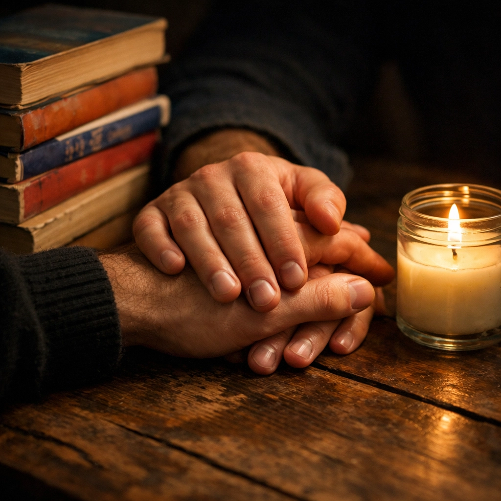 Close-up of two men’s hands intertwined next to a stack of MM romance books, capturing intimate connection in gay fiction.