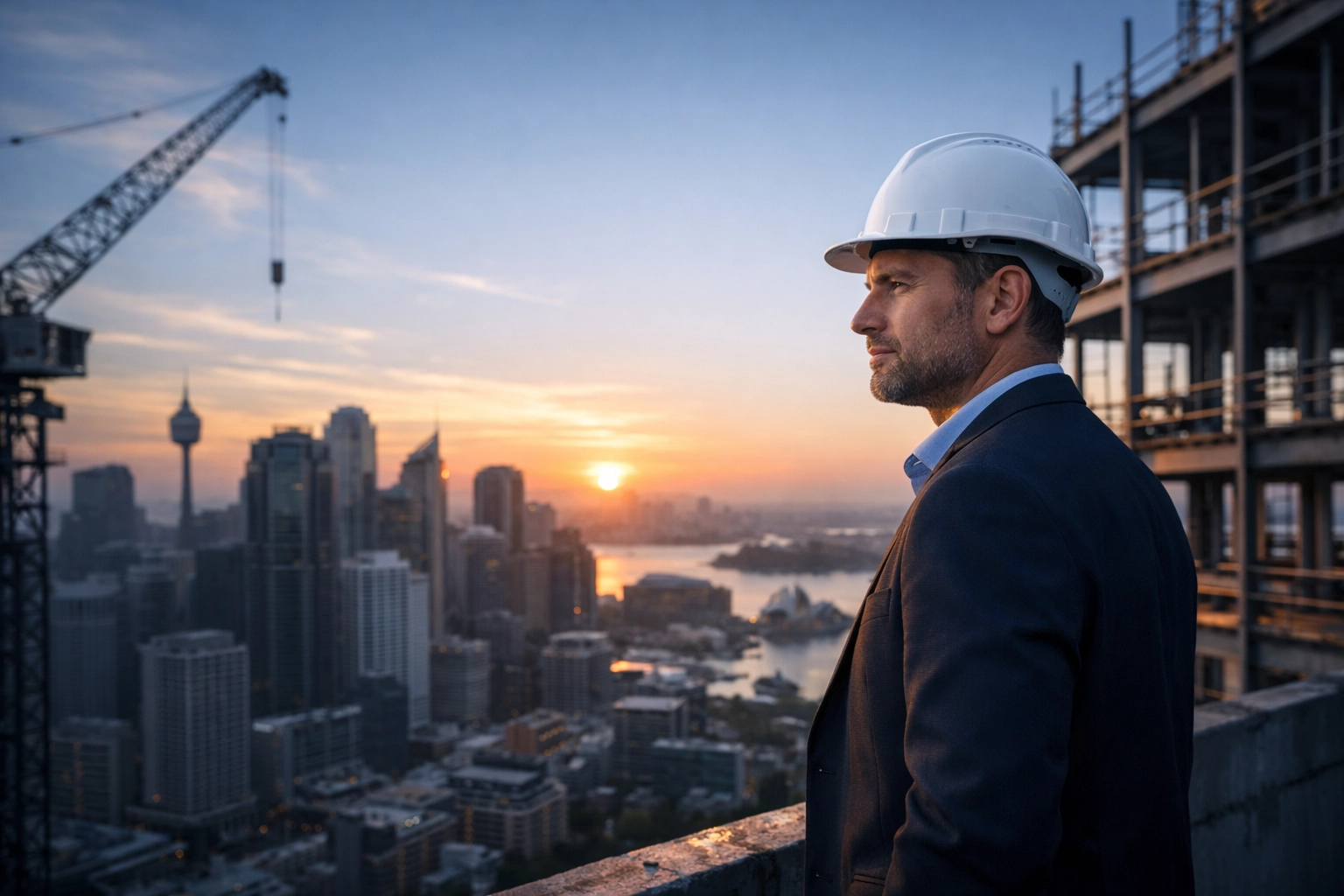 Professional project manager overlooking construction site for a property development feasibility study.