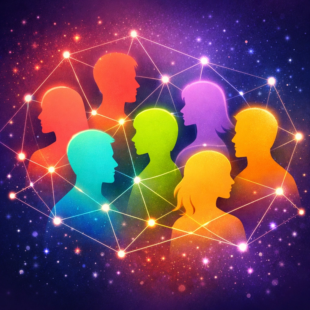 Connected network representing diverse polyamorous relationships and sexual health community