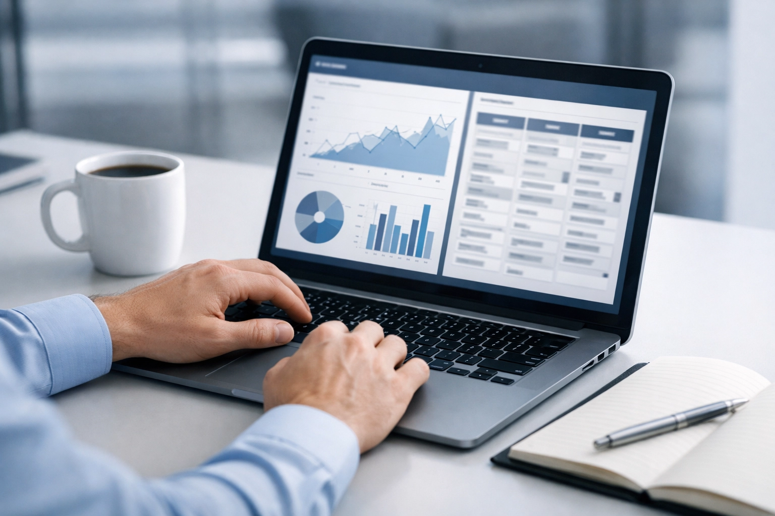 Close-up of a laptop with an analytics dashboard on a clean corporate desk.