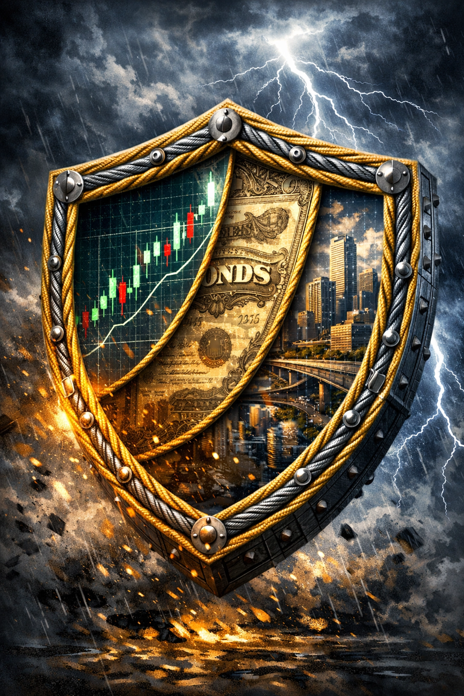 Three-layer portfolio protection shield demonstrating diversified investment risk mitigation