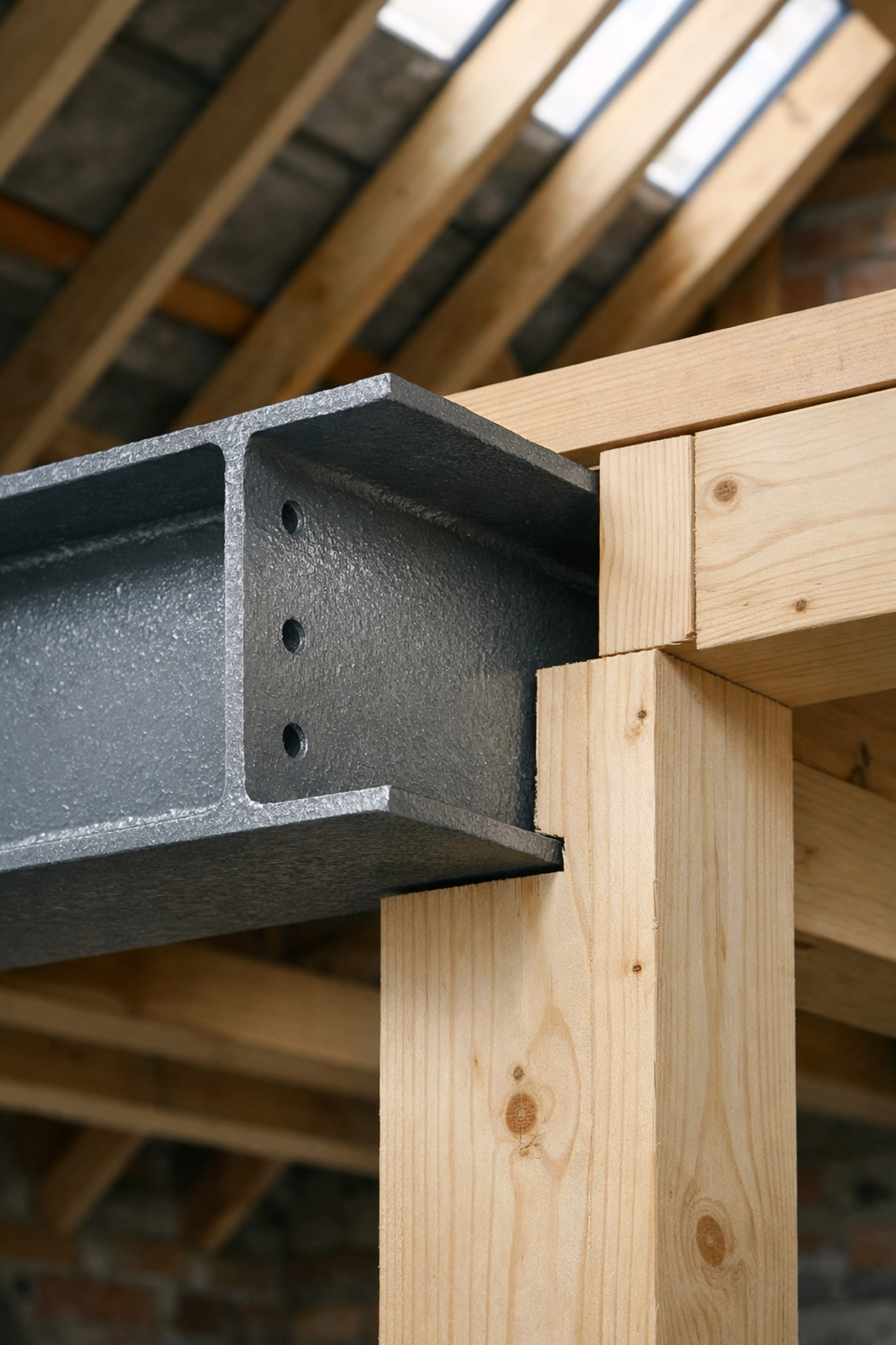 Installation of a steel RSJ beam in a timber roof frame for a structural loft conversion project.