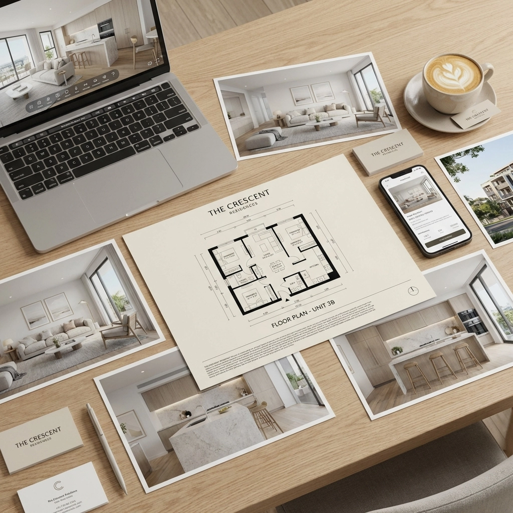 Flat-lay of floor plan and property marketing materials on desk, showcasing Belleville real estate photography services.