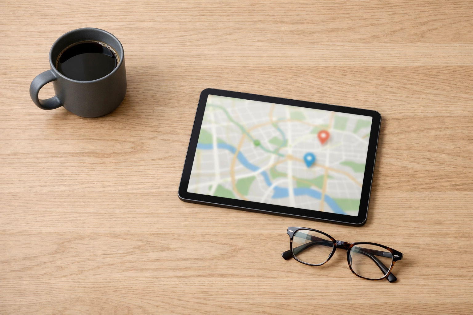 Professional workspace with tablet showing a map for local SR7 business search engine optimization.