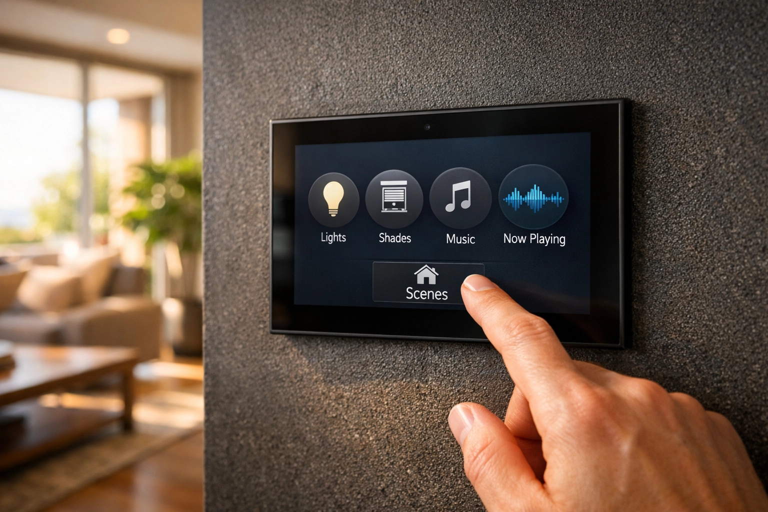 Control4 smart home touchscreen interface controlling multiroom audio, lighting, and shades.