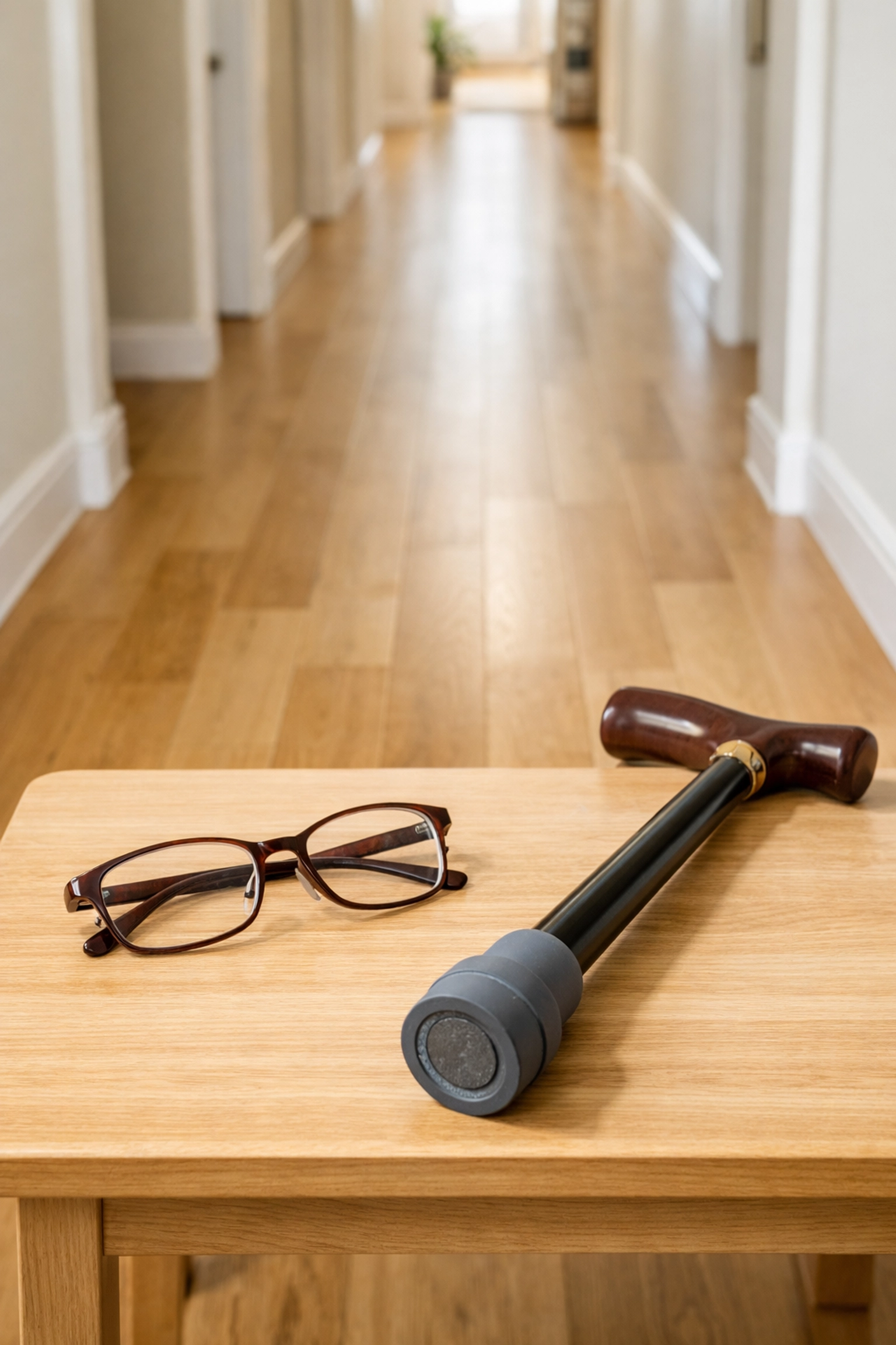 A clutter-free hallway and a walking cane with a sturdy rubber tip for home fall prevention.