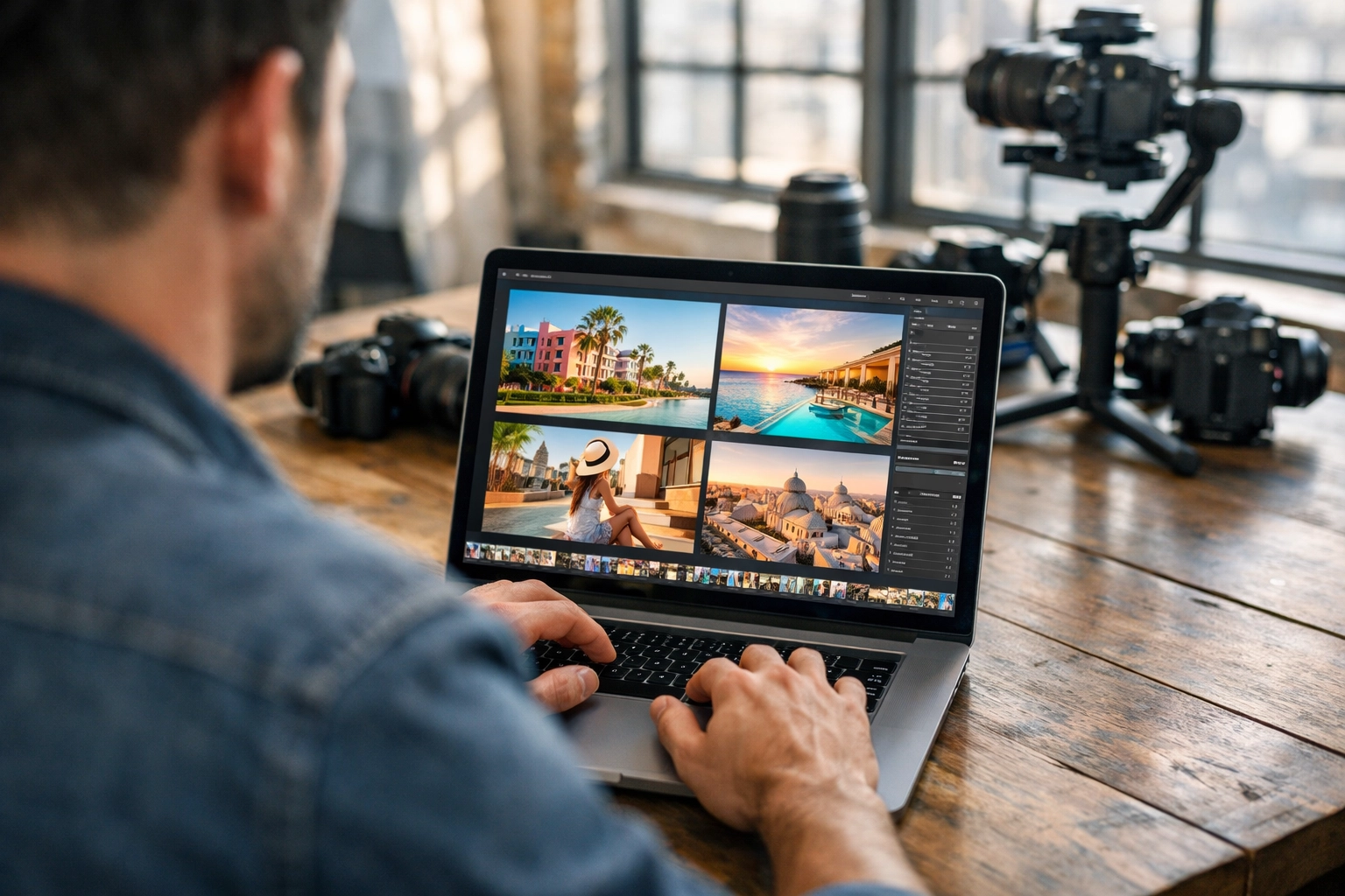 Professional photographer editing images in a high-end loft studio, a top photography location for creative work.