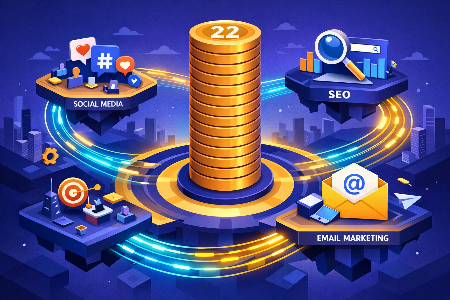 Isometric view of a digital marketing ecosystem centered on 22 years of business growth and data.