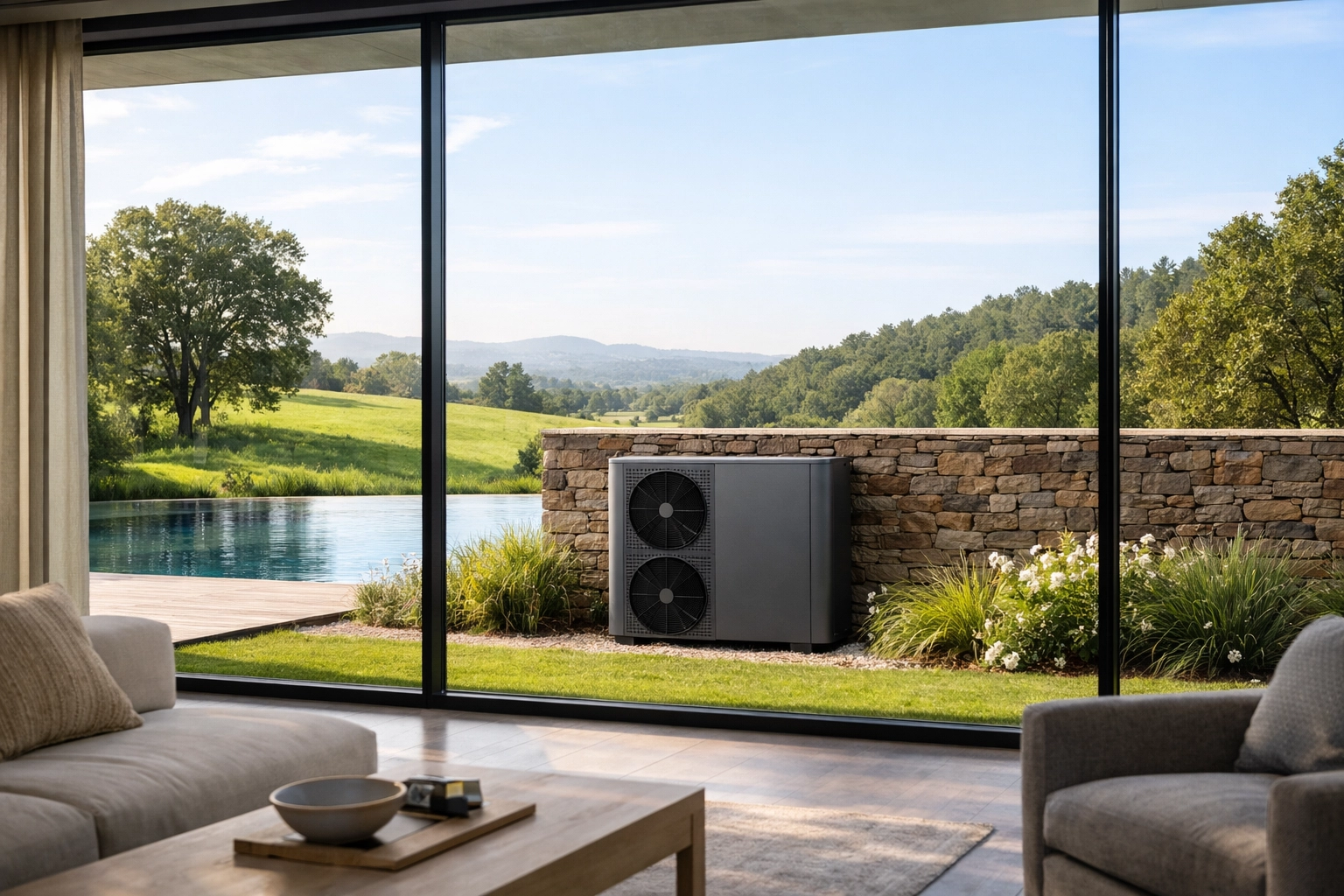 Sustainable home upgrade featuring an air-source heat pump and luxury interior views.