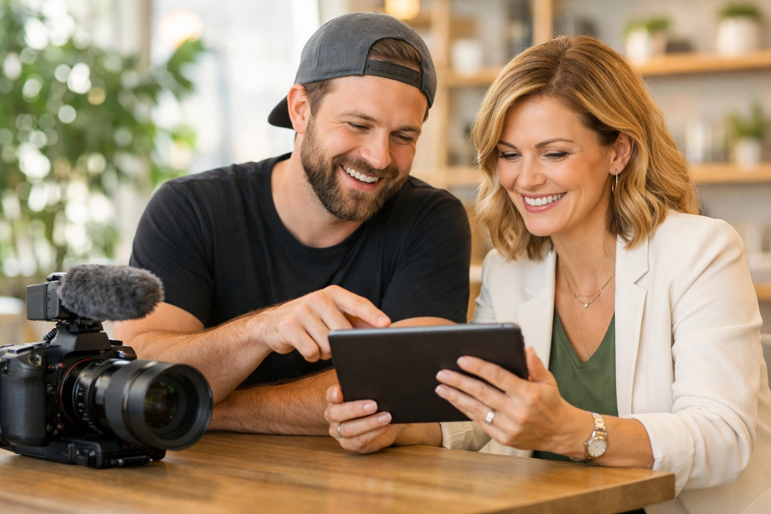 Business owner collaborating with a professional videographer on a short-form vertical video shoot in a studio—trusted, insured local video production for brands searching “videographer near me”.