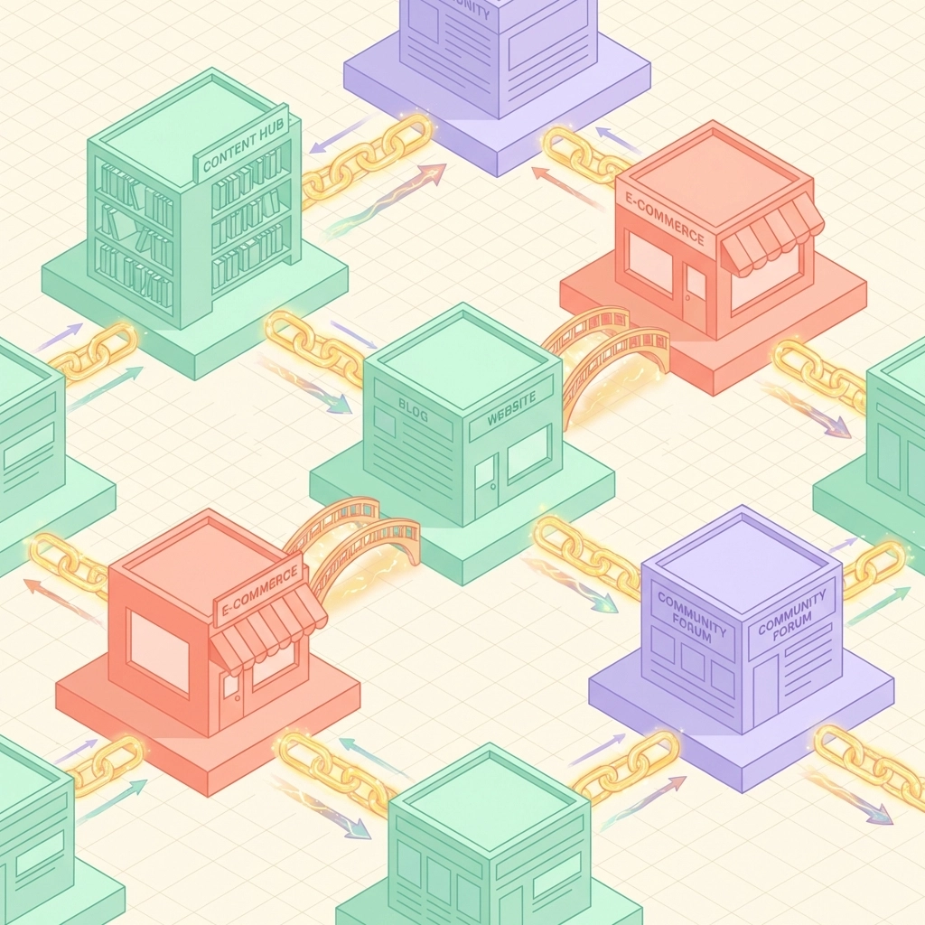 Network of colorful website blocks linked by golden chains, symbolizing high-quality backlinks in SEO strategies.