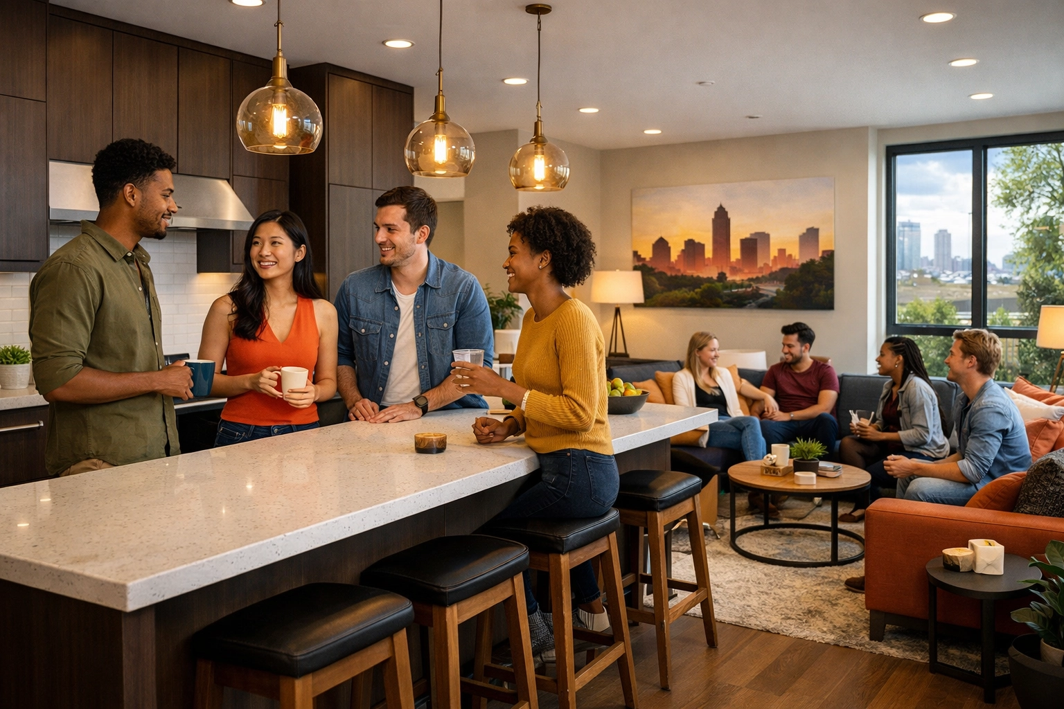 [HERO] High-end shared living lifestyle in Charlotte: sleek open-concept kitchen + vibrant common area in a modern Queen City co-living home (Visual/Value/Local)