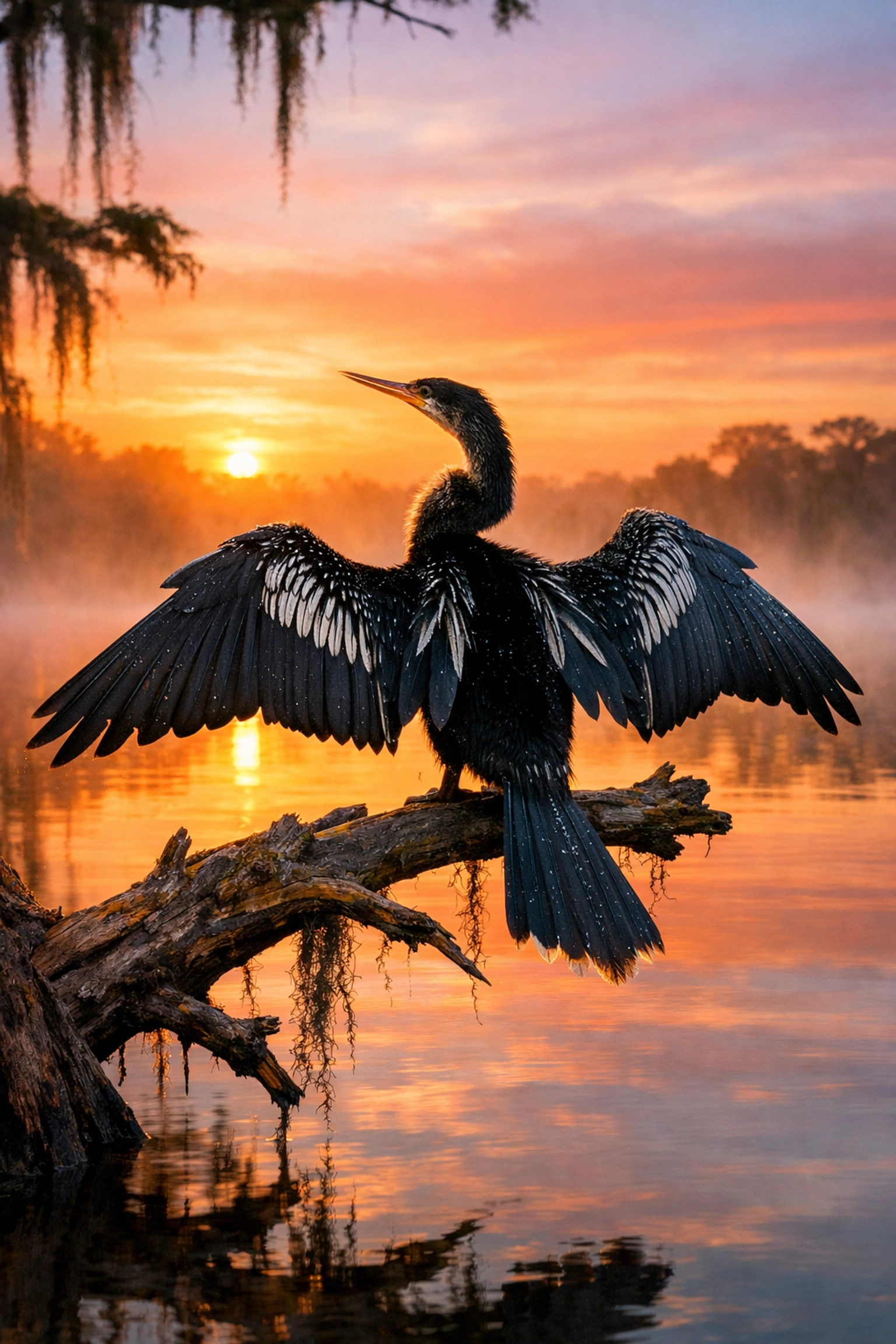 Anhinga drying wings at sunrise in the Everglades, highlighting perfect lighting for photos.