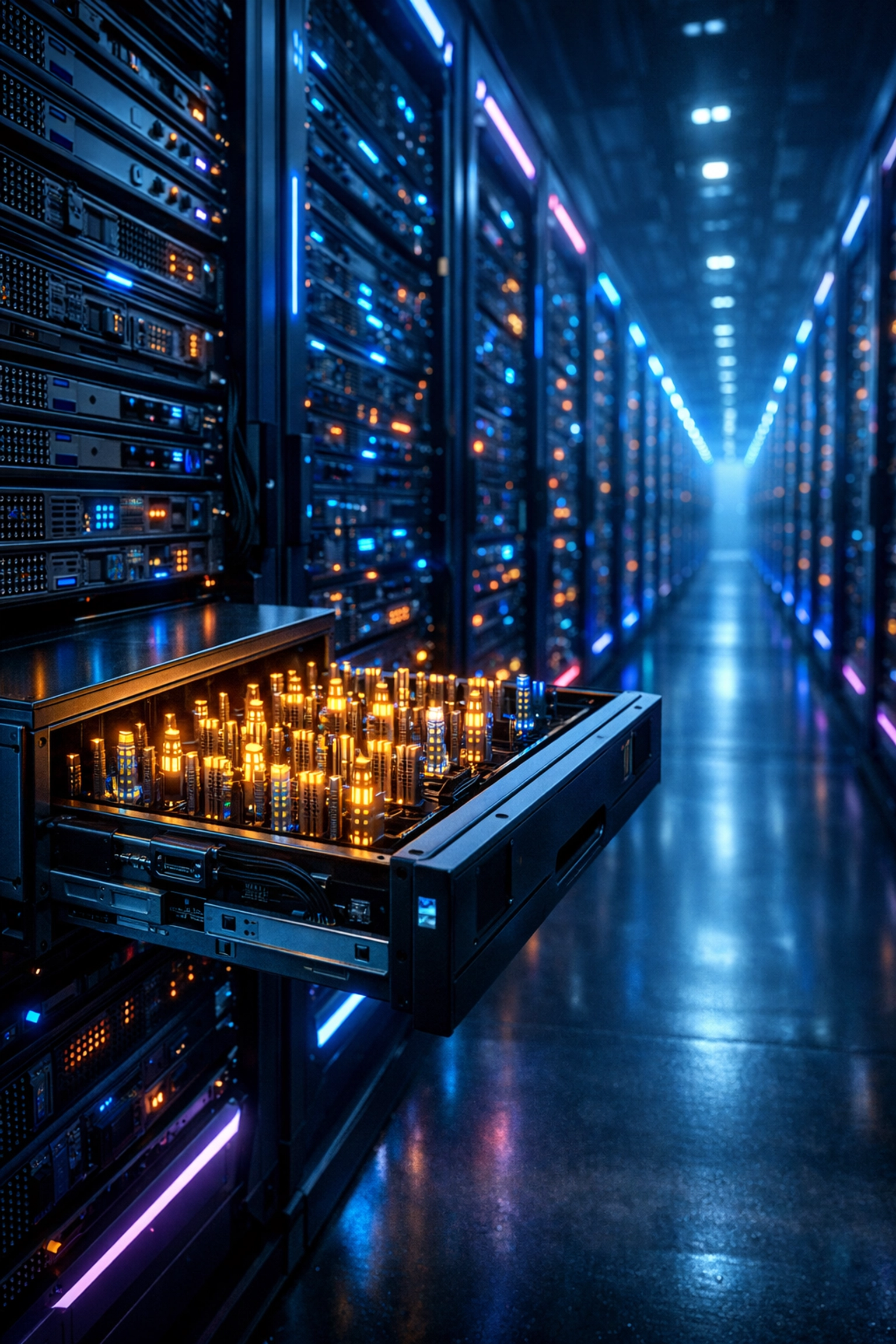 Illuminated server racks in a modern data centre illustrating high demand for ai memory.
